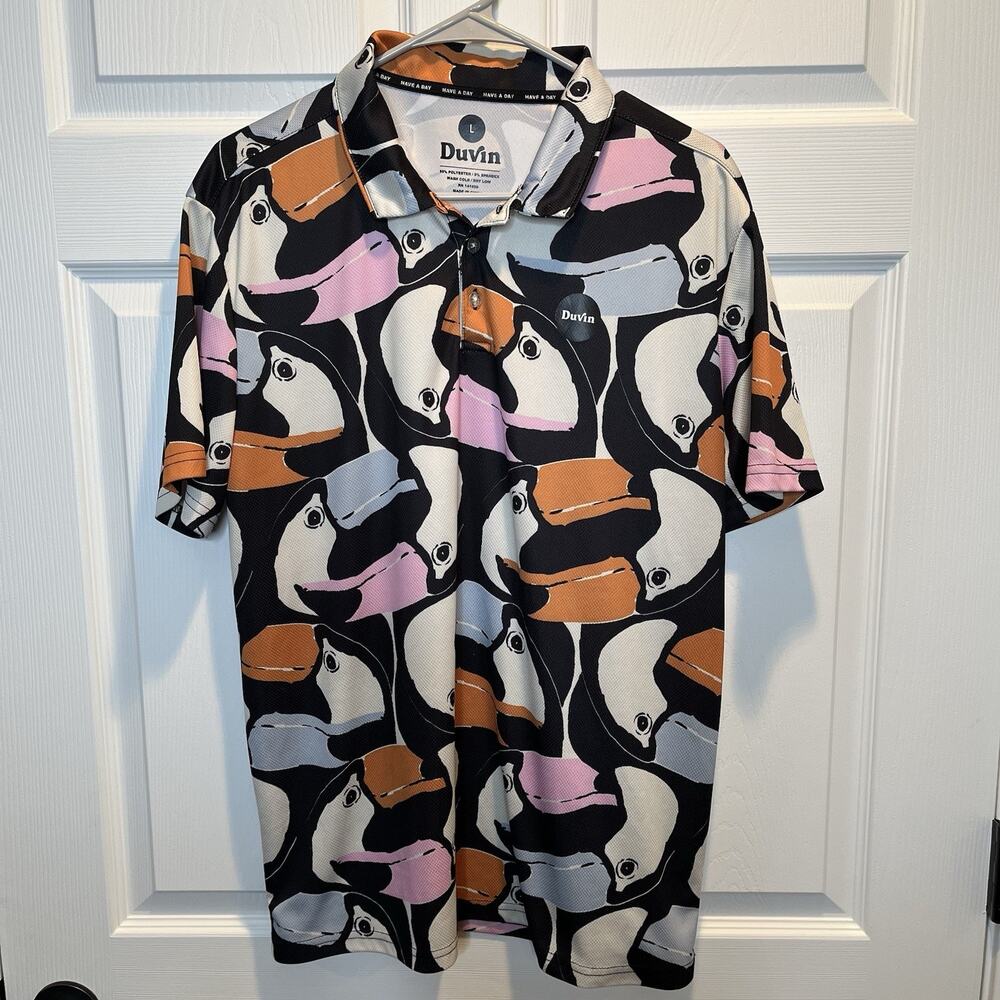 Duvin Polo Multicolor Toucans Birds All Over Print Golf Shirt Size Large